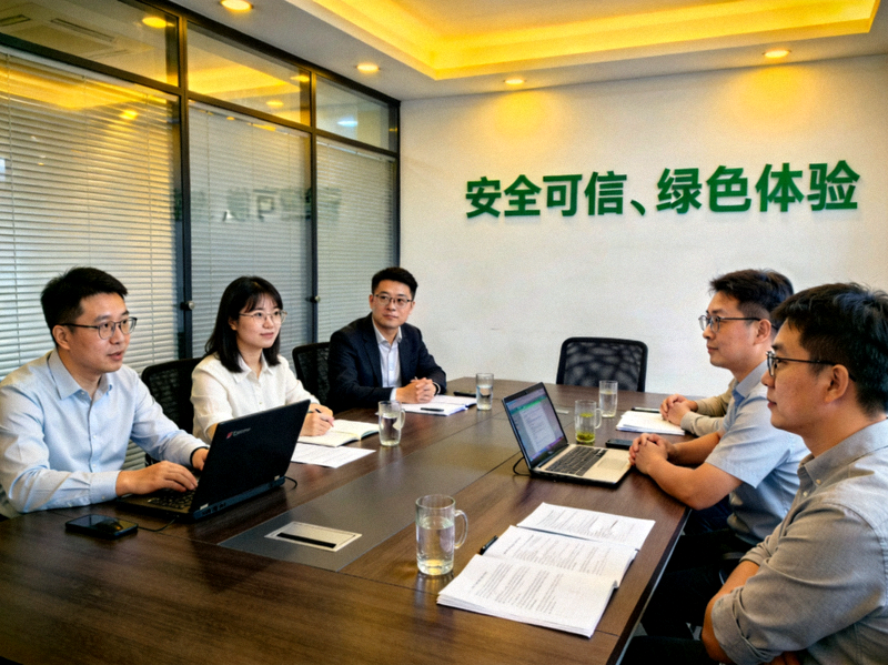 PG官网团队讨论使命与愿景的会议场景，墙上挂着'安全可信、绿色体验'的标语