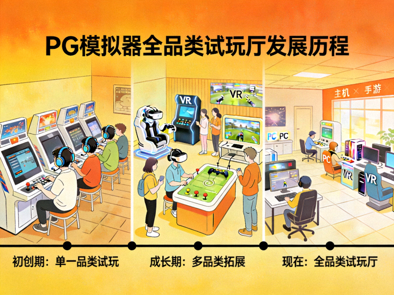 PG模拟器品牌故事文章配图，讲述全品类试玩厅发展历程