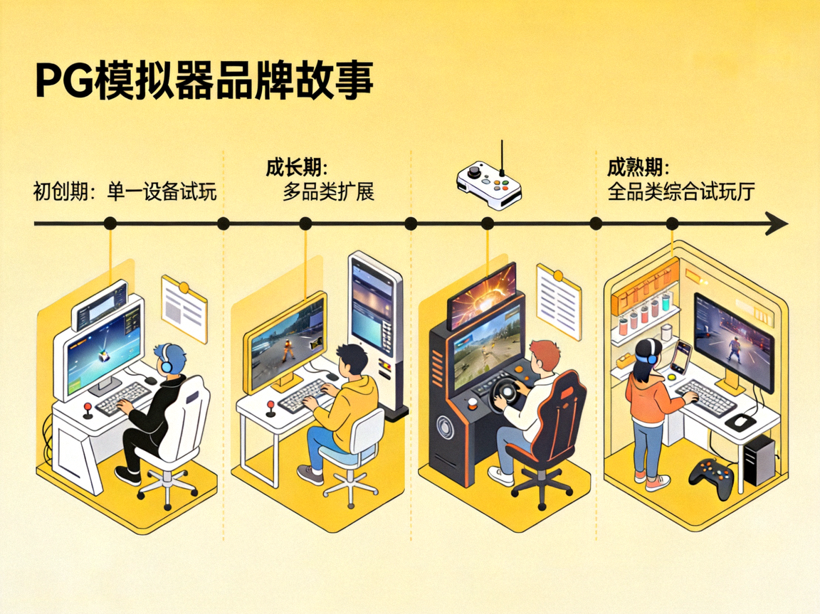 PG模拟器品牌故事文章配图，讲述全品类试玩厅发展历程