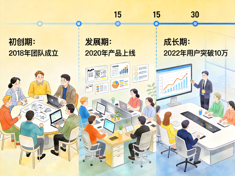 PG模拟器品牌故事插图，展示团队从初创到发展的历程