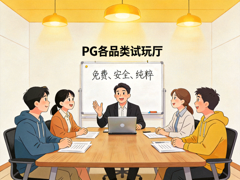 PG全品类试玩厅团队讨论使命与愿景的会议场景，白板上写着‘免费、安全、纯粹’的核心价值