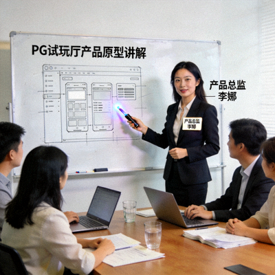 PG试玩厅产品总监李娜，正在会议室的白板前讲解产品原型图