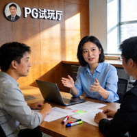 PG试玩厅产品经理李女士的头像照片，正在与团队进行产品讨论