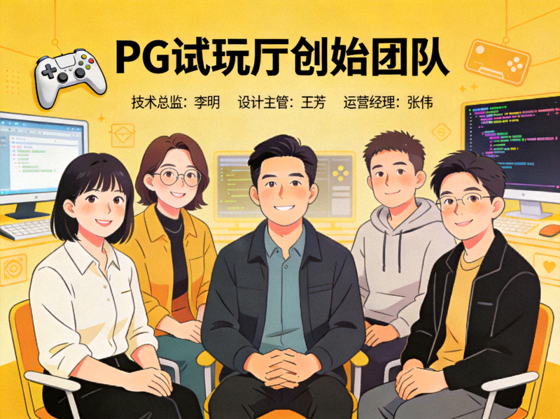 PG试玩厅创始团队介绍配图，展示多品类模拟器背后的团队