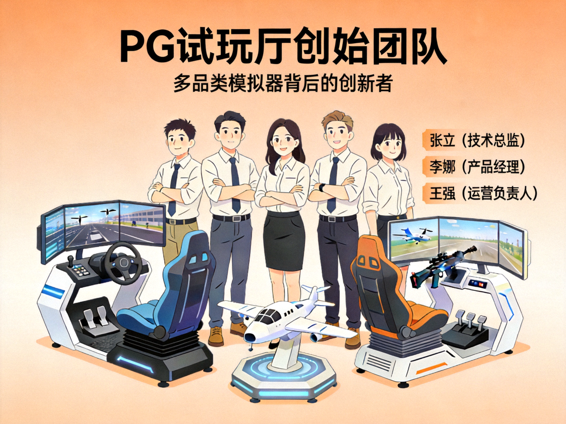 PG试玩厅创始团队介绍配图，展示多品类模拟器背后的团队