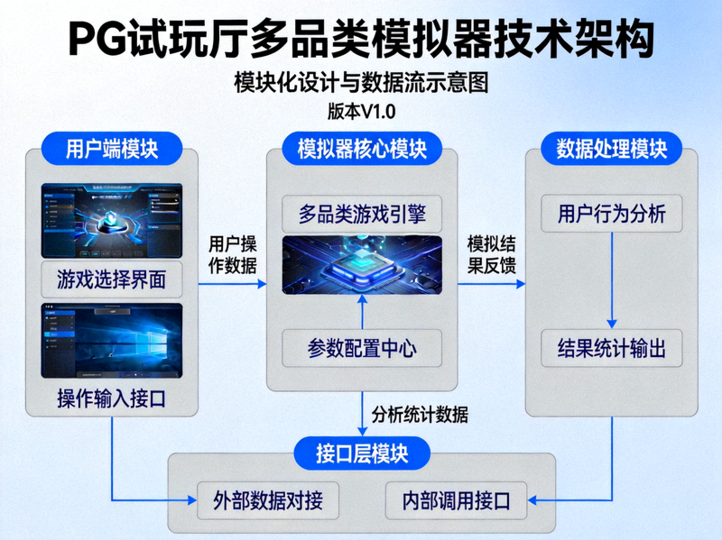 PG试玩厅多品类模拟器技术架构示意图，展示模块化设计与数据流