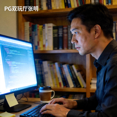 PG试玩厅技术负责人张明，专注于电脑屏幕上的代码，背景是书架