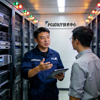 PG试玩厅首席架构师王峰，站在服务器机房前进行技术讨论