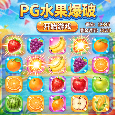 PG水果爆破休闲模拟器游戏界面，色彩鲜艳的水果图标